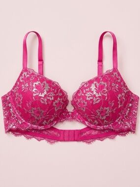 NWT Victoria's Secret Silver Floral Patterned Fuchsia Lace Push-Up Bra 36C
